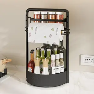 2-Tier Metal Lazy Susan Turntable - 360-Degree Rotatable Kitchen Organizer with Paper Towel Holder, Spice Jar, Condiment & Dish Drying Storage Rack for Countertops/Cabinets,space-saving organize,countertop storage