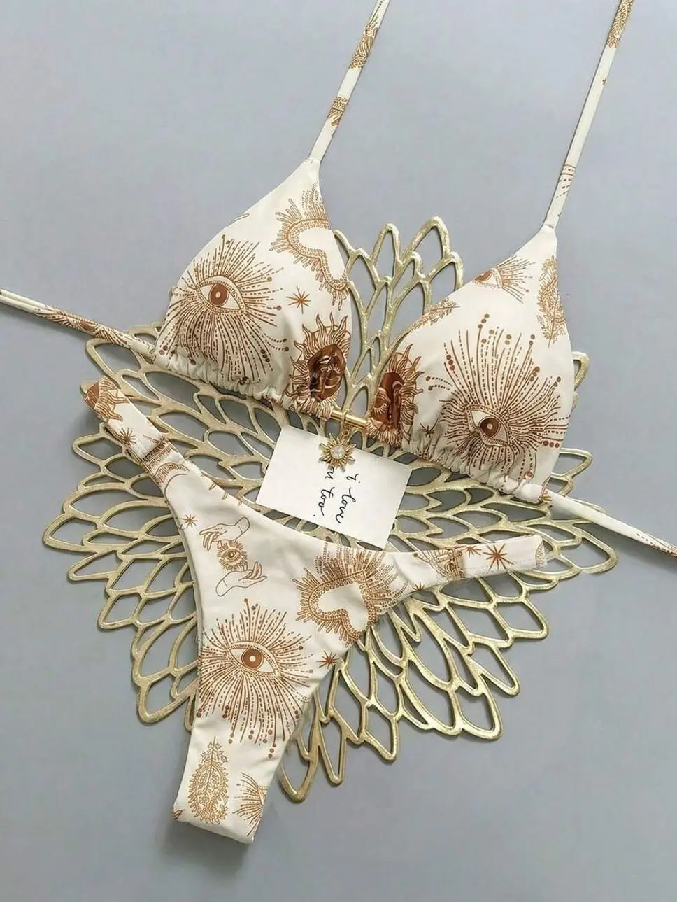 Irregular Print Bikini Set with Sun Pendant, Elegant Halter Backless Beach Vacation Swimwear