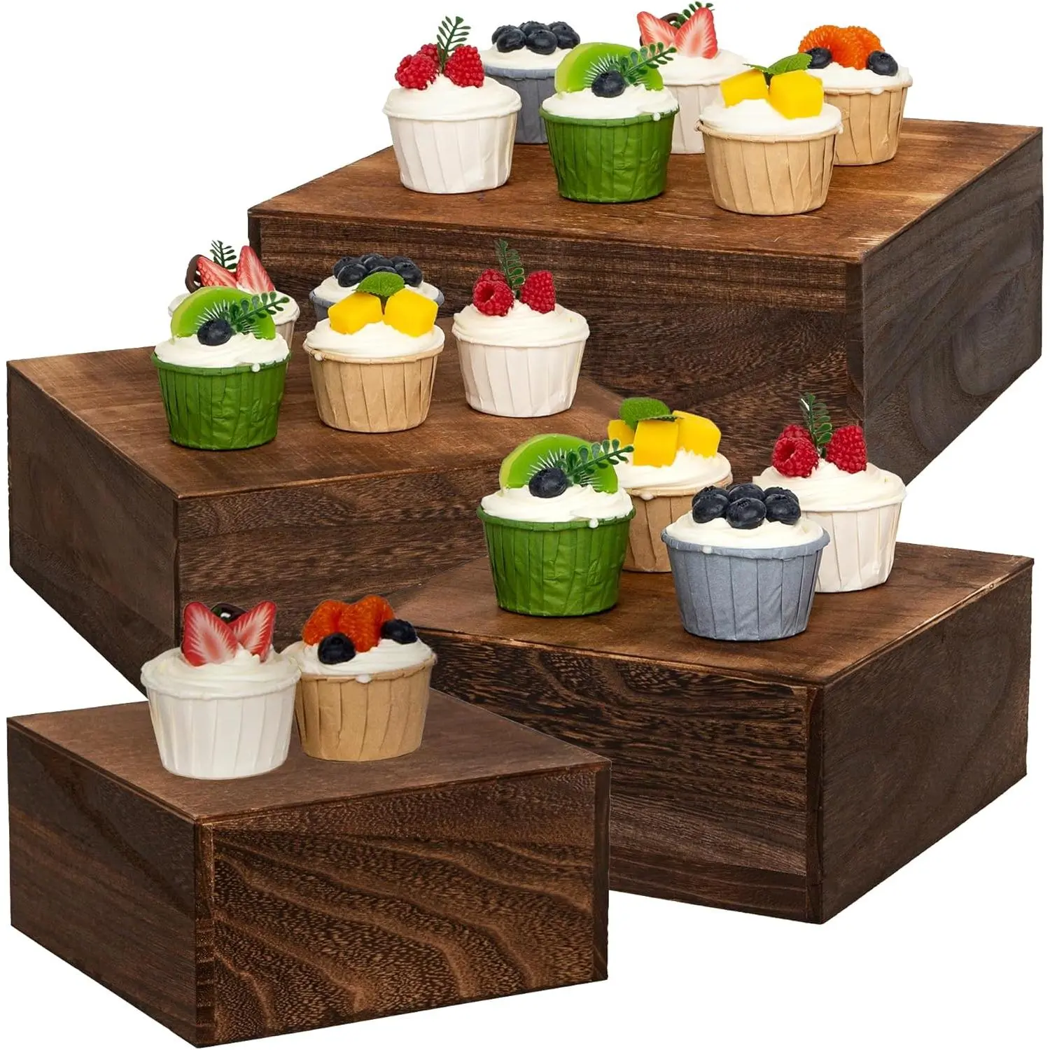 4 count wooden cake stands,antique brown cupcake stands for display,12 inches square wooden crates , display risers for wedding,birthday party,Christmas,etc. (Antique Brown)