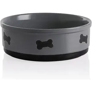Ceramic Dog Bowls with Bone Pattern, Dog Food Dish for Large Dogs, Porcelain Pet Bowl for Water 70 Fl Oz (Gray)