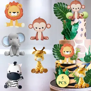 5PCS Jungle Safari Animal Cake Topper Lion Giraffe Monkey Elephant Zebra for Wild Animals Themed Birthday Party Supplies