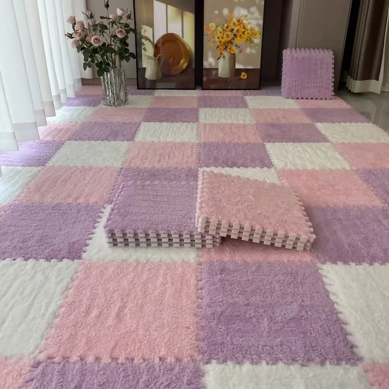 24-Piece Floor Mat Set, Plush Foam Interlocking Square Mats, Soft Game Pads for Home Game Room Decor, Comfortable Tile Rugs, Fluffy Rugs, Gaming Area Rug, Rug Sets