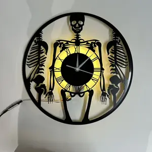 Skull Vinyl Record Wall Clock, Silent Halloween Decor, Home Decoration for Living Room Bedroom Kitchen Office Garage, Christmas Gift