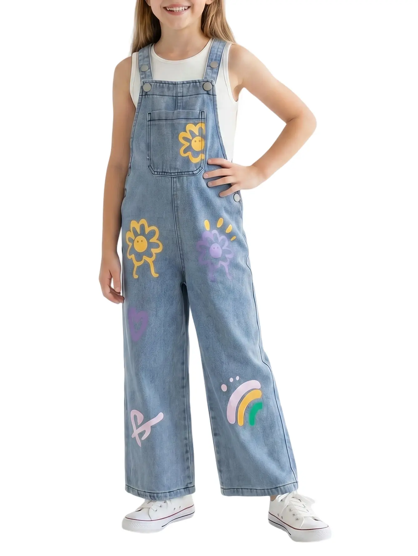 Girls' Cotton Cartoon Print Denim Overalls - Casual Everyday Wear Clothes, Dungarees for Ages 3-12, Suitable for Autumn-Winter-Spring