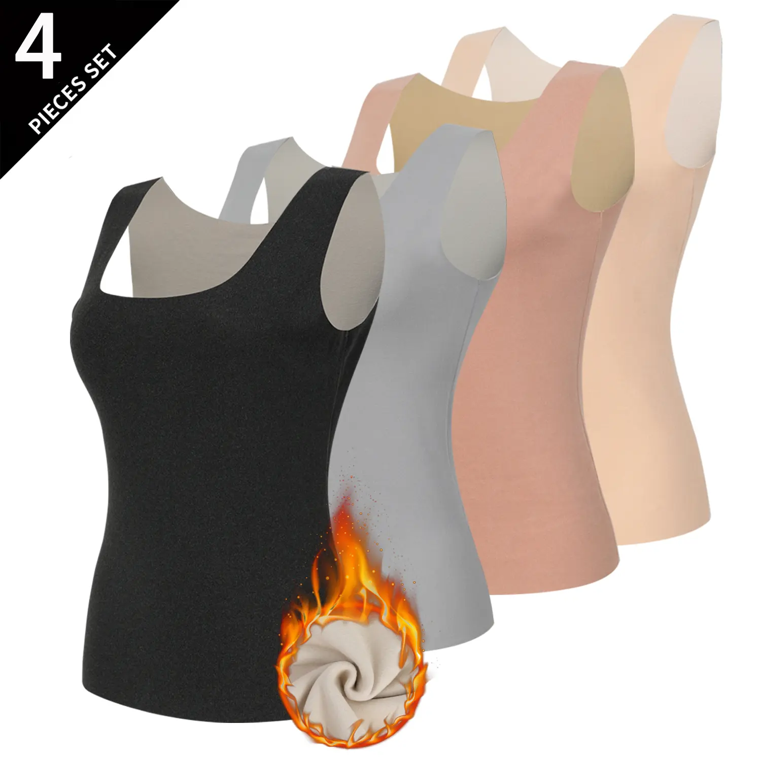 Women's Thermal Tank Tops, 1-4 Pack Fleece Lined Sleeveless Undershirt, Scoop Neck Base Layer with Wide Straps for Winter