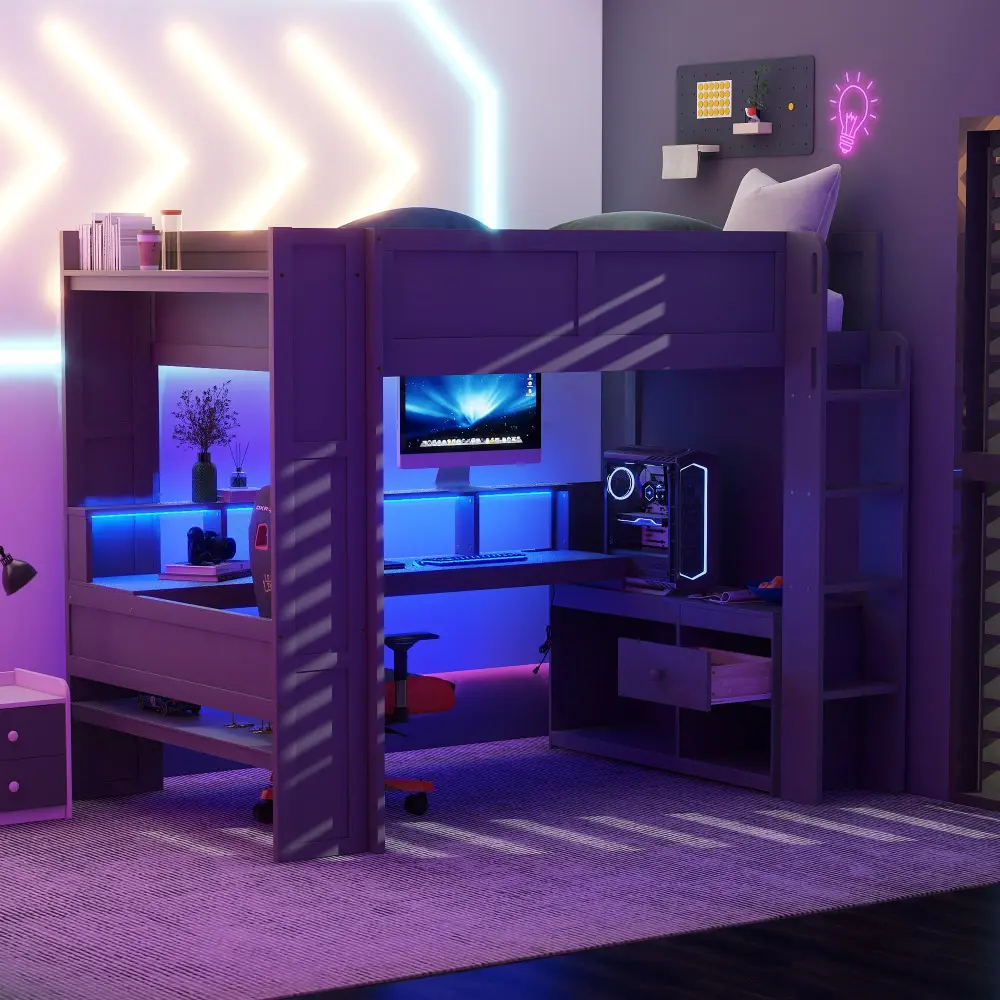 Wooden Double Loft Bed with Desk, Multi-Functional Design, LED Lighting, Multi-Tier Storage Shelves, Springless Mattress