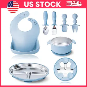 7-Piece Baby & Toddler Feeding Set, Stainless Steel & Silicone Dinnerware with Suction Divided Plates, Bowls, Spoon, Fork, Adjustable Pocket Bib, Dishwasher Safe, Unbreakable Kids Mealtime Essentials, Baby Feeding Kit, Baby Essentials, Kids Feeding
