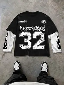 Men's Letter & Number Print  Long Sleeve Tee, Regular Fit Casual Stylish Round Neck T-shirt for Daily Wear, Men's Top for All Seasons, Jersey Shirt