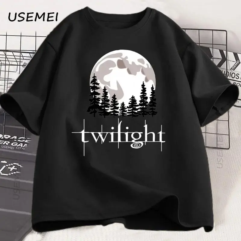 Men's Cotton T-Shirt, Casual Twilight Moon Graphic Print, Short-Sleeve Breathable Knit Top for All-Season Trips, Tops, Shortsleeve, Menswear, Four Seasons