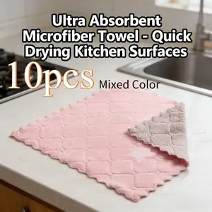10pcs Mixed Color Coral Fleece Super Absorbent Cloths, Kitchen Dishwashing Cleaning Cloth, Soft Thick Easy to Wring, Multi-Purpose Household Cleaner