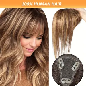 Fashionable New Human Hair Topper with Bangs - T-Shaped Straight Hairpiece for Women, Clip-In Thinning Hair Extensions, Natural Look for Daily Use, Hairpiece for Thinning Hair, Secure Clip Attachment
