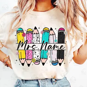 Custom Name Preppy Teacher Pencils Coquette Bow Doodle Shirt, Teach Love Inspire Tee, Checkered Pencil Teaching Life Gift