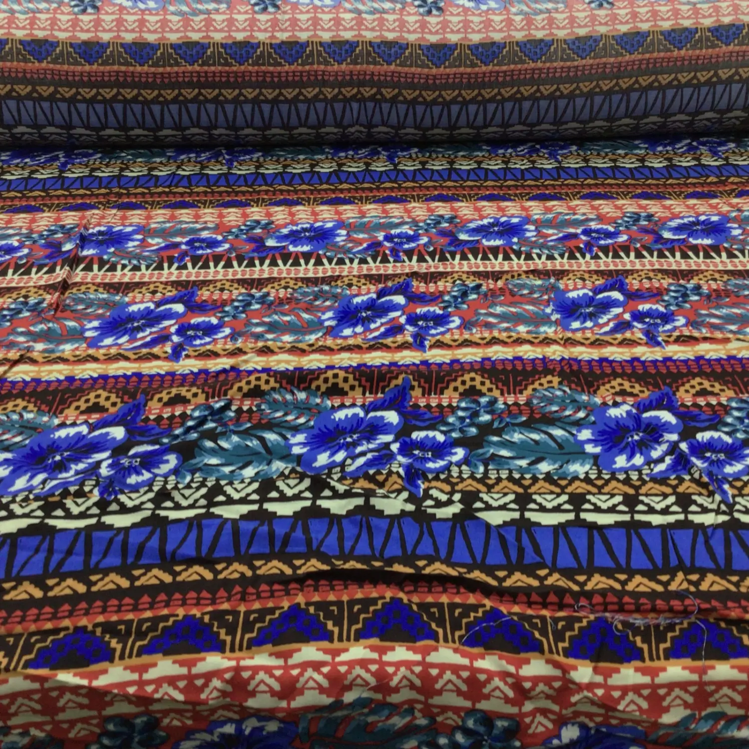 Challis Rayon Apparel Fabric Tropical Floral Aztec Blue Teal Orange Red E421