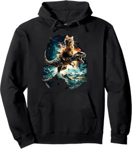 Space Cat Lover Riding Dinosaur T Rex Pullover Hoodie - Nicolelebro Shop 96B0D7MNK2G3