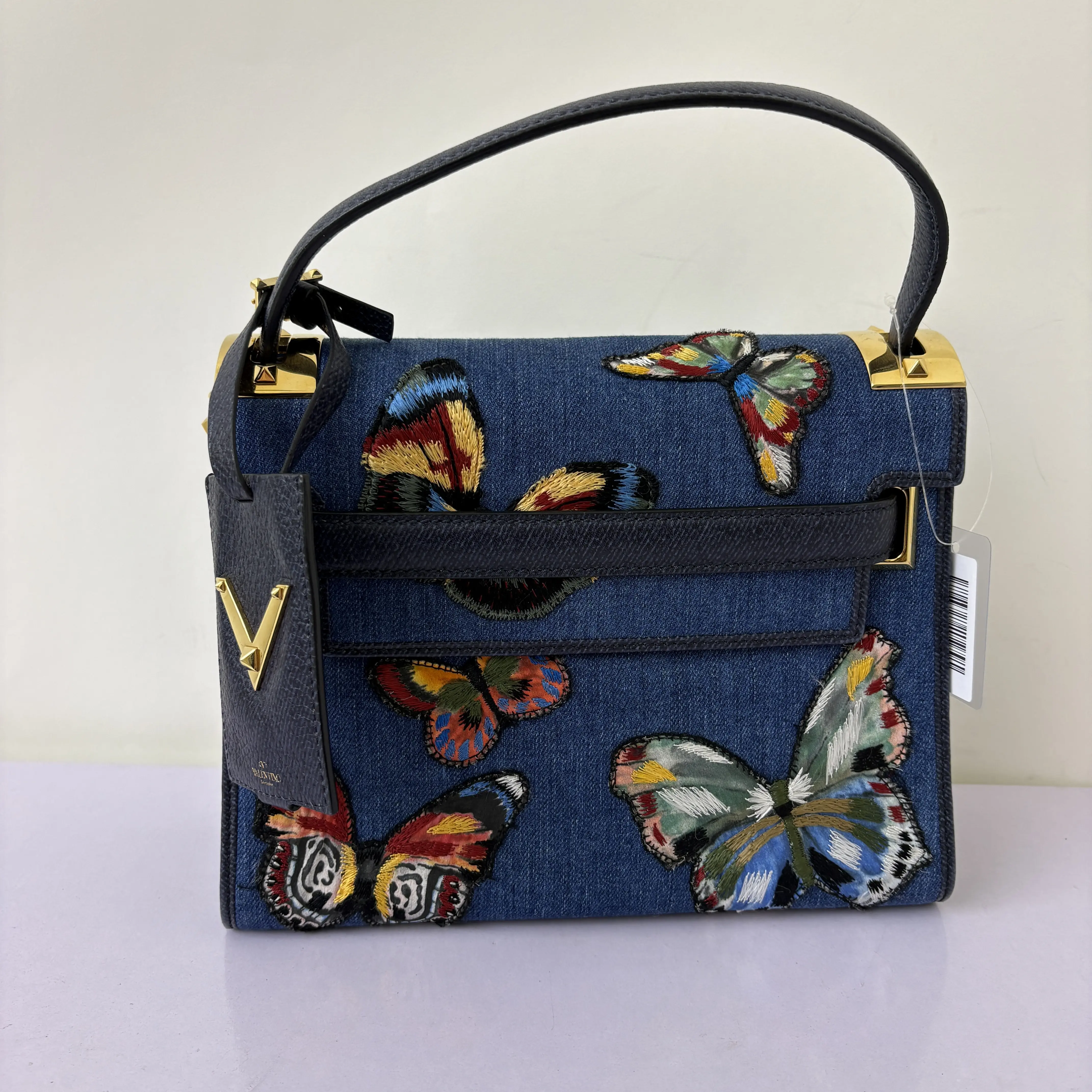 Pre-owned Calfskin Crossbody Bags Valentino Blue/Multicolor Denim Butterfly My Rockstud Top Handle