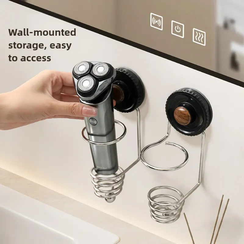 Stainless Steel Shaver Holder with Suction Cup, Wall-Mounted Electric Shaver Organizer for Razor, Comb & Beauty Tools, Bathroom Storage Rack
