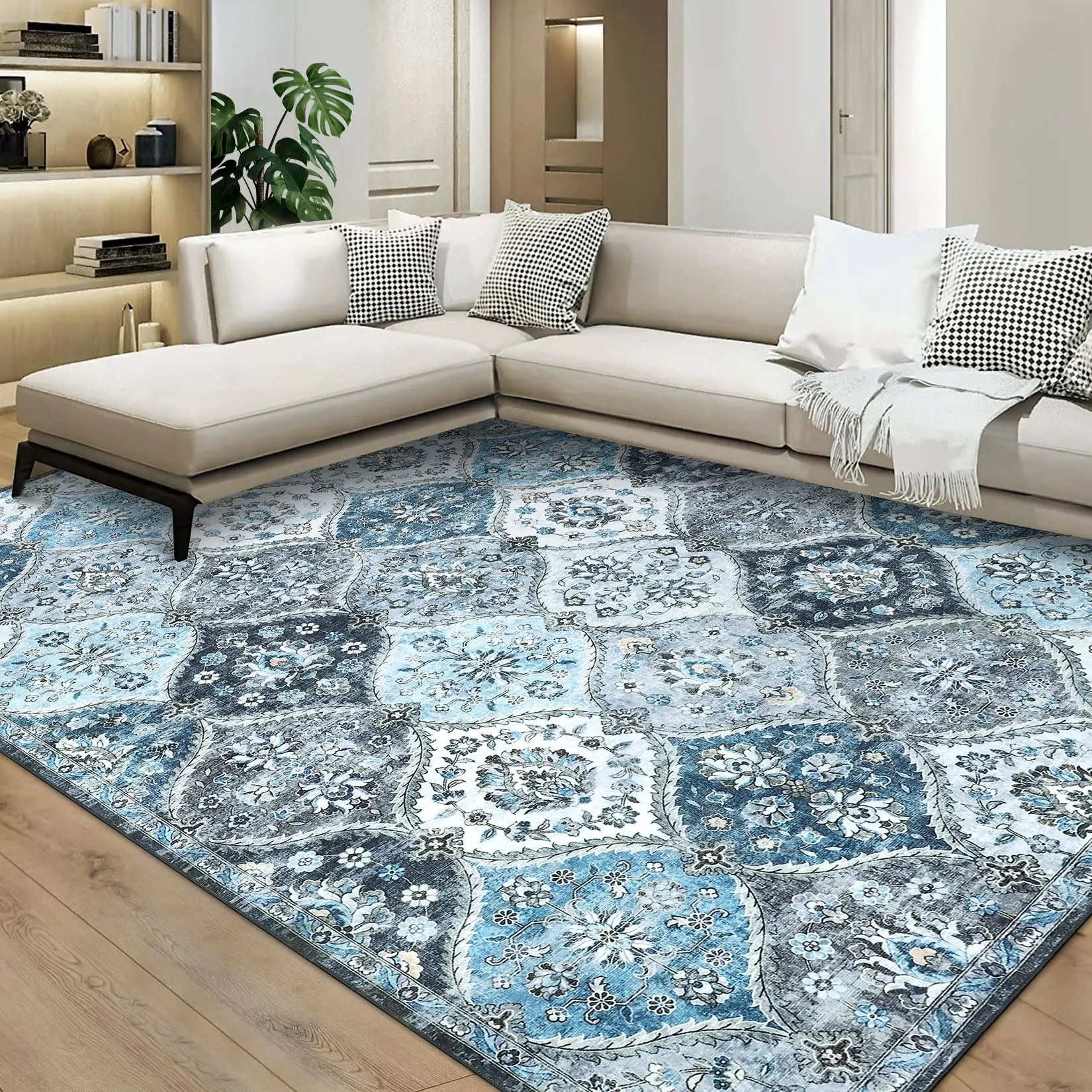 9x 12 Large Area Rug Machine Washable Area Carpet Bohemian Tile Durable Decor for High-Traffic Area Rug Pet Children Friendly Non-slip Carpet for Bedroom, Dining Room, Family Room(Grey/Blue)