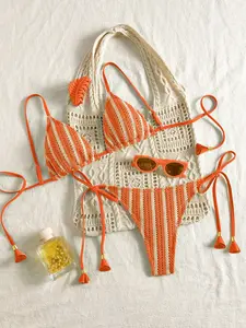 Summer Dopamine ! Striped Two-Piece Swimsuit, Beach/pool Wear, Perfect for Photos, Casual Floral Pattern, Fitted Style, All Seasons, Striped Bikini Sets