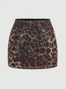 Women's Elegant Leopard Print Sequin Mini Skirt, Perfect for Parties, Stylish and Sexy Party Wear, Fashionable and Trendy Design, Leopard Printed Skirt