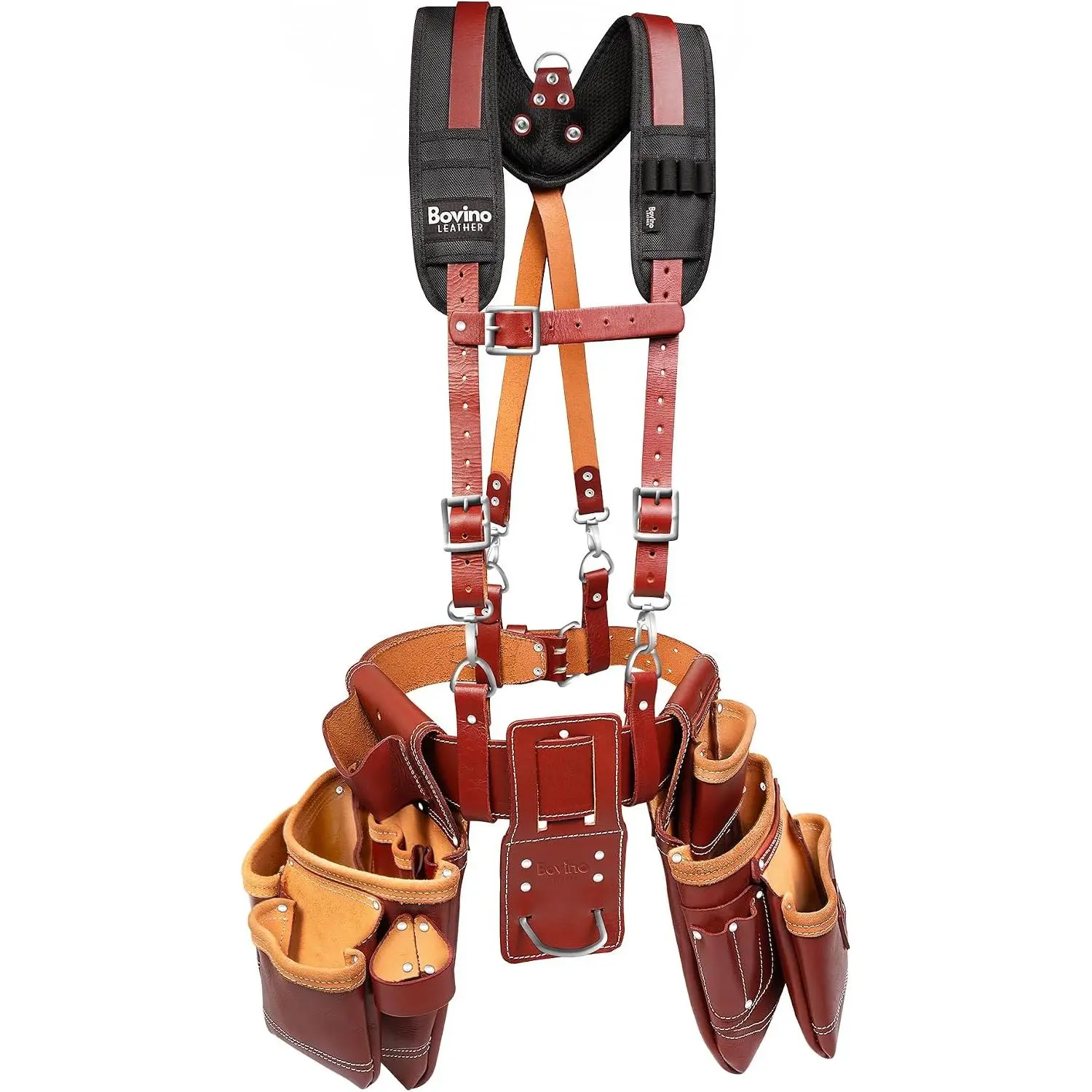 BOVINO LEATHER Tool Belt with Suspender | 20 Pockets Framing Tool Rig | Oil-Tanned Leather Carpenter Belt with Padded Shoulder Straps | For Framers, Electricians, Roofers & Construction Work