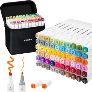Markers, 60 Colors Dual Tip Art Coloring Markers Set for  Adult Book Drawing Sketching Painting, Chisel & Fine, White Penholder
