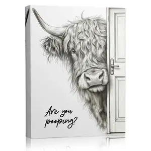Funny Highland Cow Bathroom Canvas Poster, Fluffy Cow Peeking Through Door Sketch Art Print, Humorous "Are You Pooping?" Quote Wall Art, Minimalist Black White Painting For Bathroom Restroom Decor, Farmhouse Style Animal Picture