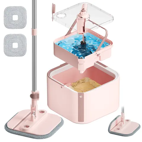 KZKR Pink Series V2.0 Lightweight 360° Rotating Head Spin Mop & Bucket System Set - Detachable Inner Bucket, Silicone Brush, Adjustable Pads, Hands-Free Fast-Dry Cleaning, Clean & Dirty Separation, Machine-Washable Pads, Ideal Christmas Gift, Lightweight