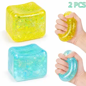 2 PC Glitter Ice Cube Fidget Toys, Soft Cube Sensory Squishy Fidget Toys Square Squeeze Stress Balls for Adults Anxiety Stress Relief, Classroom Prizes, Birthday Gifts Party Favors
