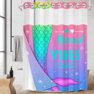 1pc hookless shower curtain with buckle lining, pink-green gradient mermaid tail starry sky design, 2D flat printing, waterproof fabric lining, see-through double-layer shower curtain, 71 x 74 inches, modern home draping curtain.