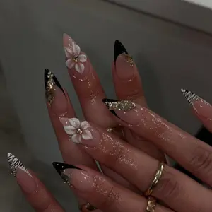 Midnight Bloom Luxury Press On Nails, Black French Tip Nail Art, 3D White Flower Accent, Zebra Detail, Crystal Embellished Extra Long Almond Press On Nails, Handmade Glam Evening Statement Set Gifts for Her