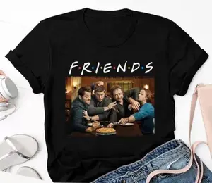 Friends Supernatural T-Shirt Sam and Dean Winchester Graphic Tee Funny TV Series Mashup Shirt Unisex Casual Short Sleeve Top for Fans Vintage Style Supernatural x Friends Crossover Apparel