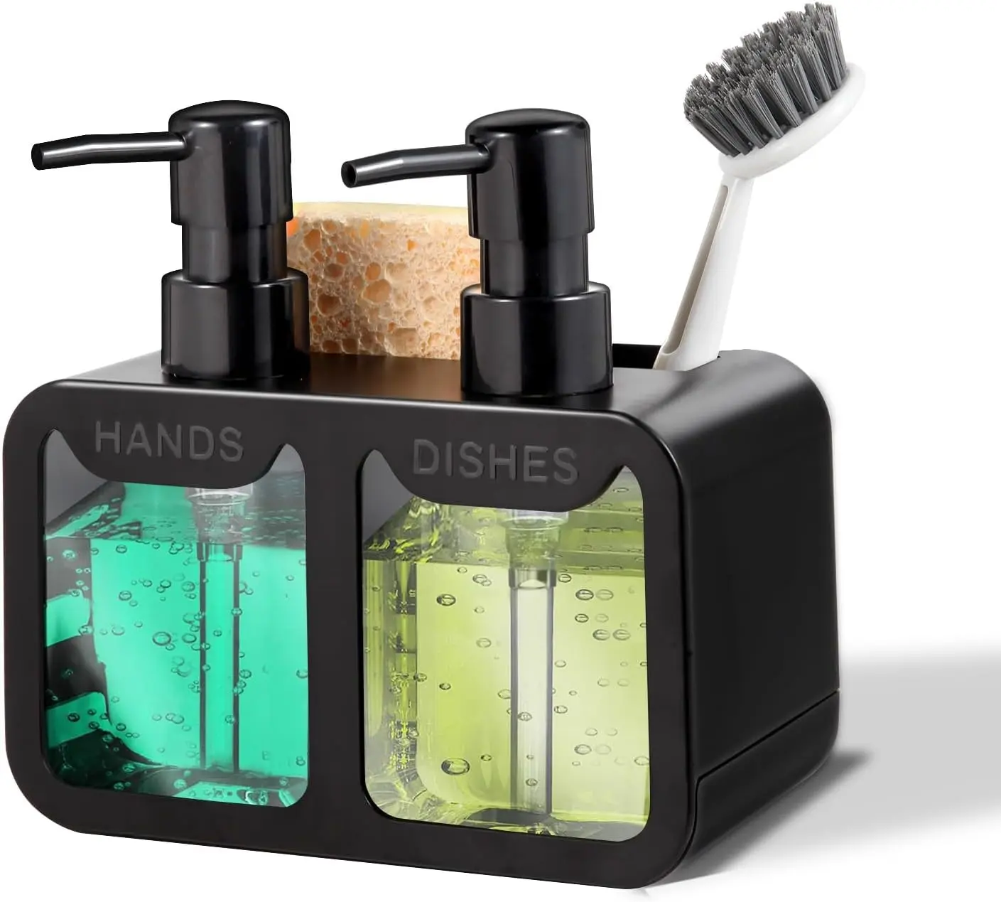4-in-1 Kitchen Soap Dispenser Set - Hand and Dish Soap, Sponge Caddy, Brush Holder - Dual Pump for Kitchen Sink, Bathroom - Black | Sink Soap Dispenser, Dual Pump Soap Set, Kitchen Organization Accessories