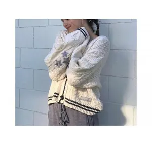 Vintage Embroidery Star Loose Sweaters for Women Long Sleeve Single Breasted Oversize Knitted Cardigans Taylor Long Sleeve Top