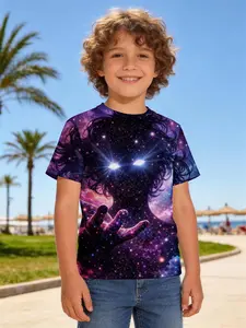 New boys' round neck short sleeve T-shirt, fun design for children's wear Galaxy Woman Cosmic Hand Stars Pattern Short-sleeved round neck top, suitable for daily wear