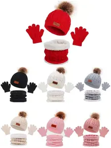Three piece set of solid color hats, scarves, gloves for children in autumn and winter, multifunctional and integrated, with thick velvet for warmth and cold resistance, suitable for children aged 3-7 years old, suitable for outdoor sports and skiing