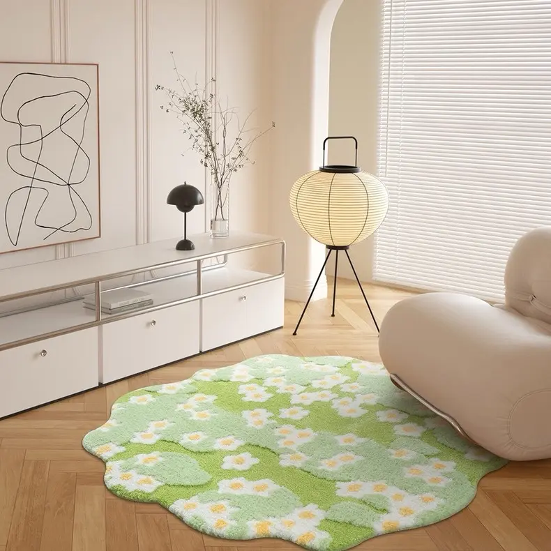 3x3 Irregular Floral Shaped Tufted Green Moss Polyester Indoor Area Rug - Non-Slip Safe Floor Grip, Soft Modern Decorative Fluffy Rug for Bedroom, Kid Room