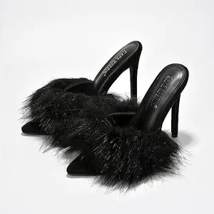 Fur Open Peep Toe Stiletto Pointy Toe Stiletto Mule Sandal Heels
