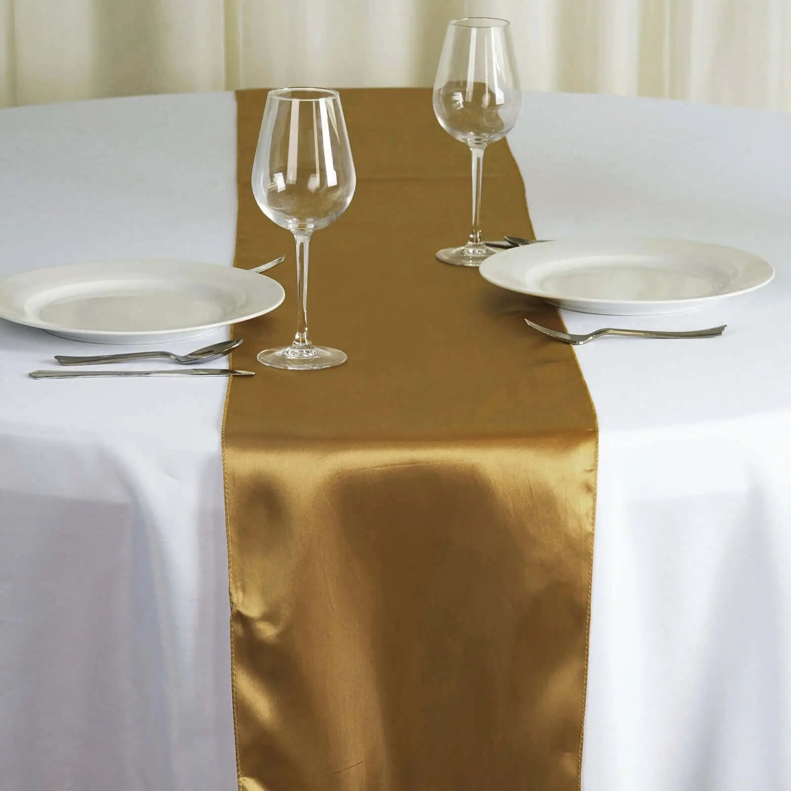 Gold Satin Table Runner, 12"x108" Size, 12"-108" Table Span, Machine Washable Cold Water Safe, All Seasons Linen for Weddings, Banquets, Parties, Banquet
