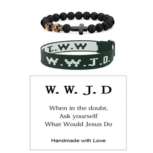 Handmade Bundle of 2 WWJD Wristband Bracelet with beaded cross bracelet set for Teen Girls Women Men Spring Travel Summer Adjustable band bracelet set