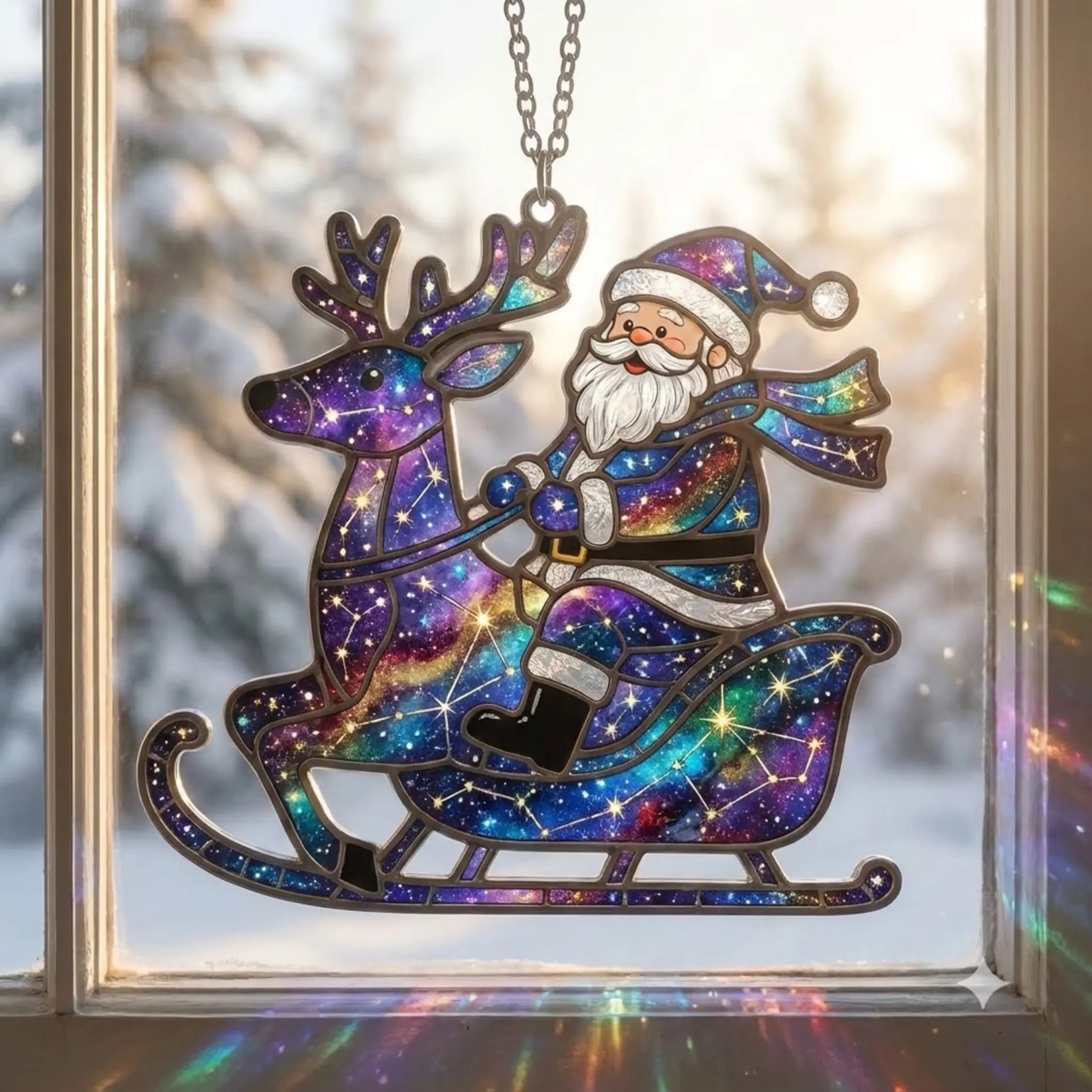 Prism Crystal Santa & Reindeer Glass Suncatcher, Christmas Festive Rainbow Maker Window Hanging Decor for Room, Holiday Gift