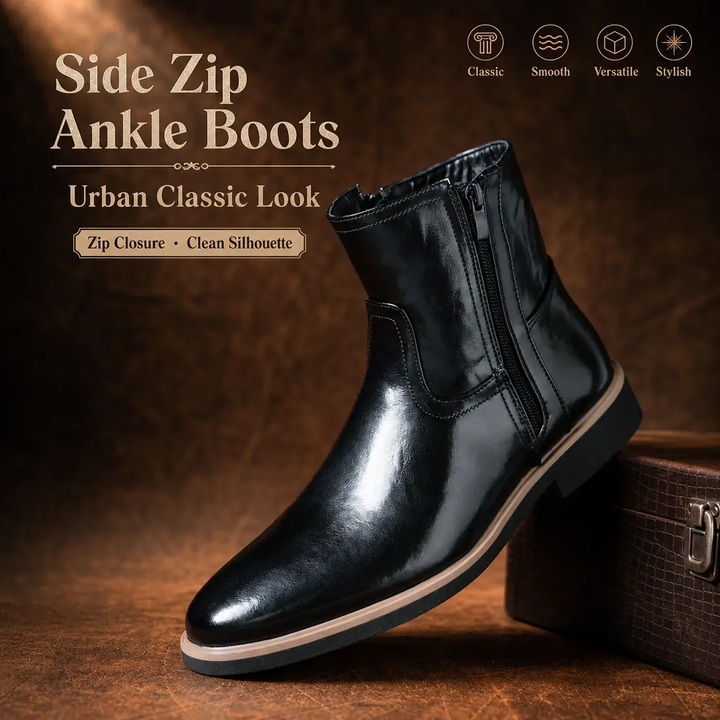 Men’s Chelsea boots with side zipper, low heel, British style, business formal