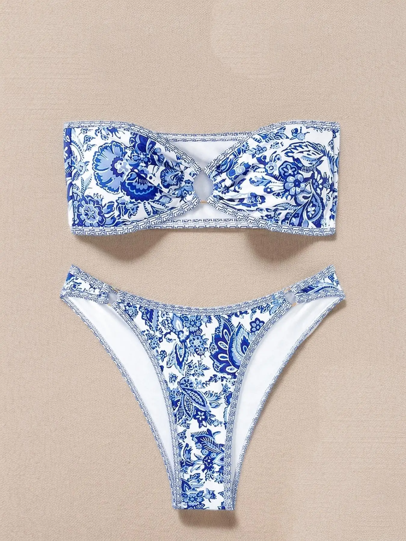 Women's Floral Print Ring-linked Bikinis Set, Boho Ruched Bandeau Swim Top & High Cut Swim Thong, Chic Ladies Bathing Suit, Swimsuit Women, Bandeau Ba