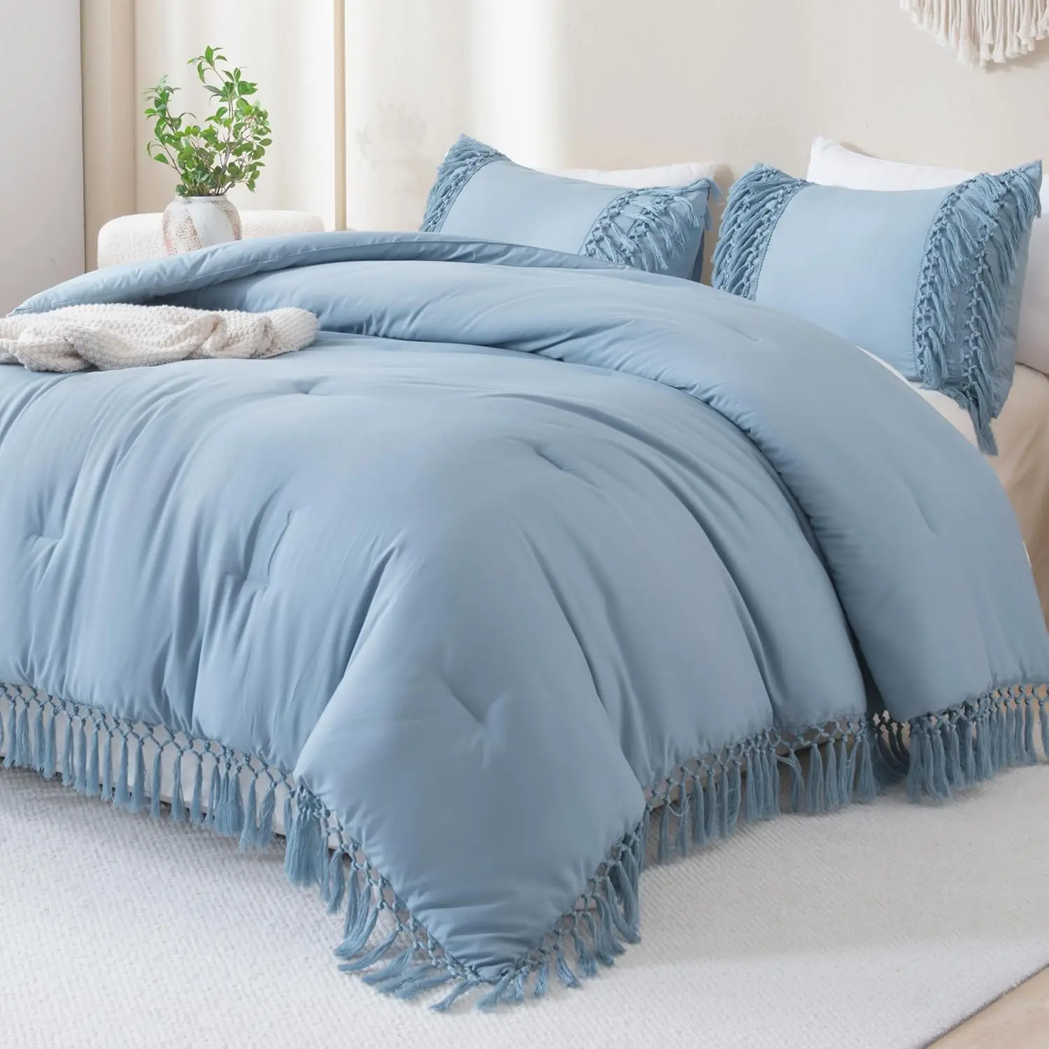 Grayish Blue Comforter Queen, 3 Boho Tassel Lightweight Comforter Sets, Fluffy Fringe (90x90In Comforter  2 Pillowcases)