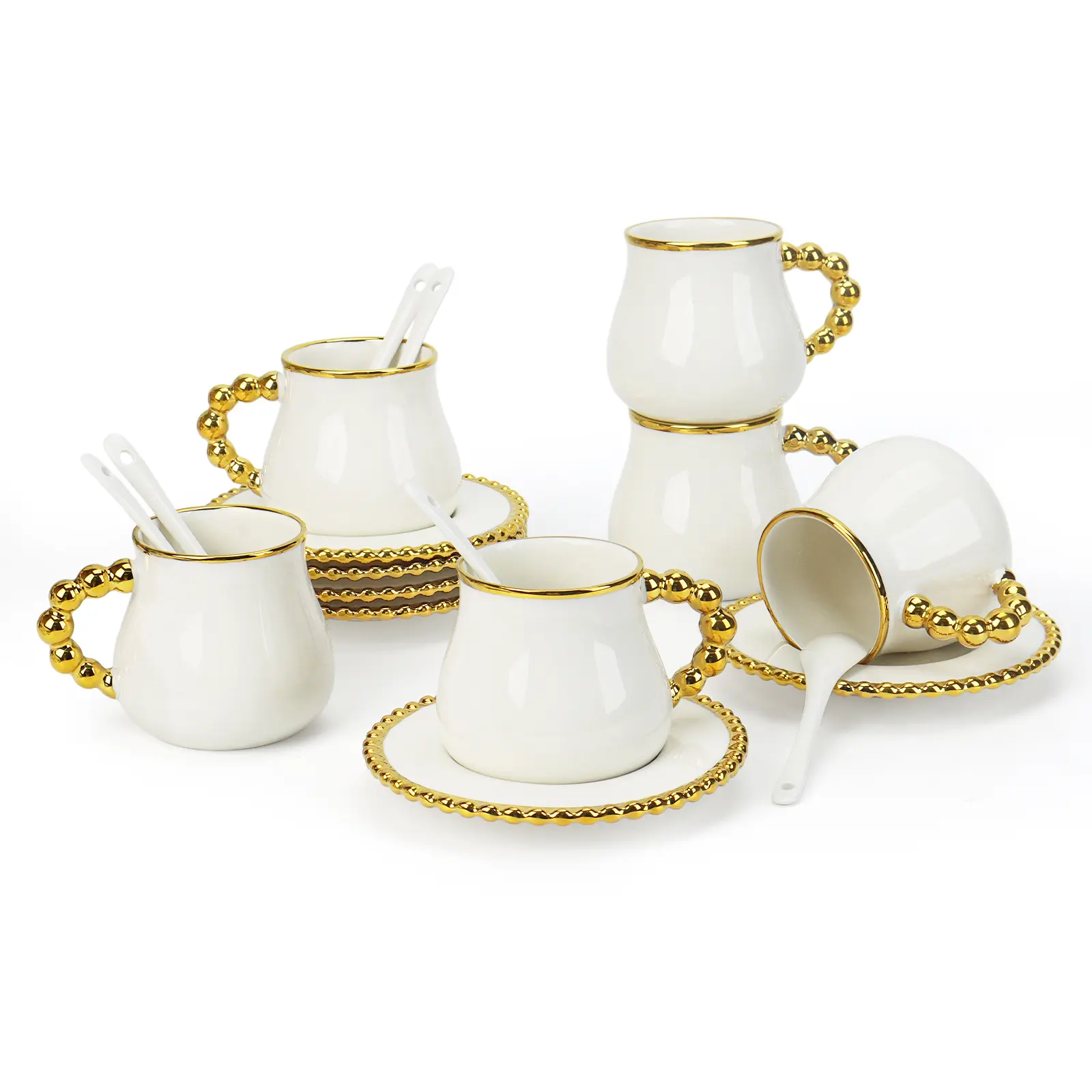 Stylish 230ML/8oz White & Gold-Trimmed Coffee Set with Matching Saucers and Spoons, Dishwasher Safe for Latte, Tea