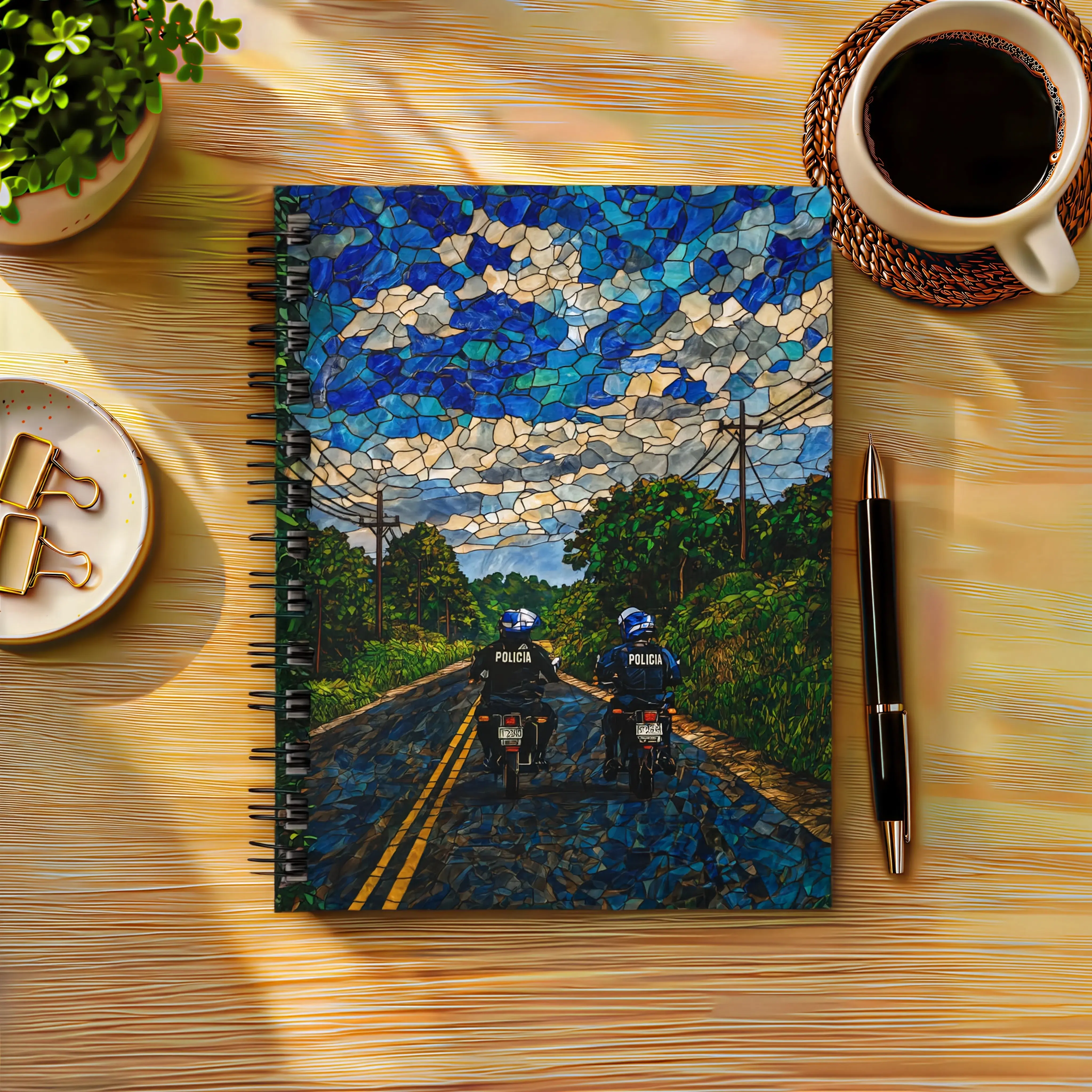 Lay Flat Mosaic Cover Spiral Journal - Costa Rica Rainforest Road Policia Stained Glass Motorcycle Police Hwy Notebook, Tropical Journaling Supplies, Classic Creative Writing Daily Reflection Travel Souvenir Gift, Authentic Local Moment