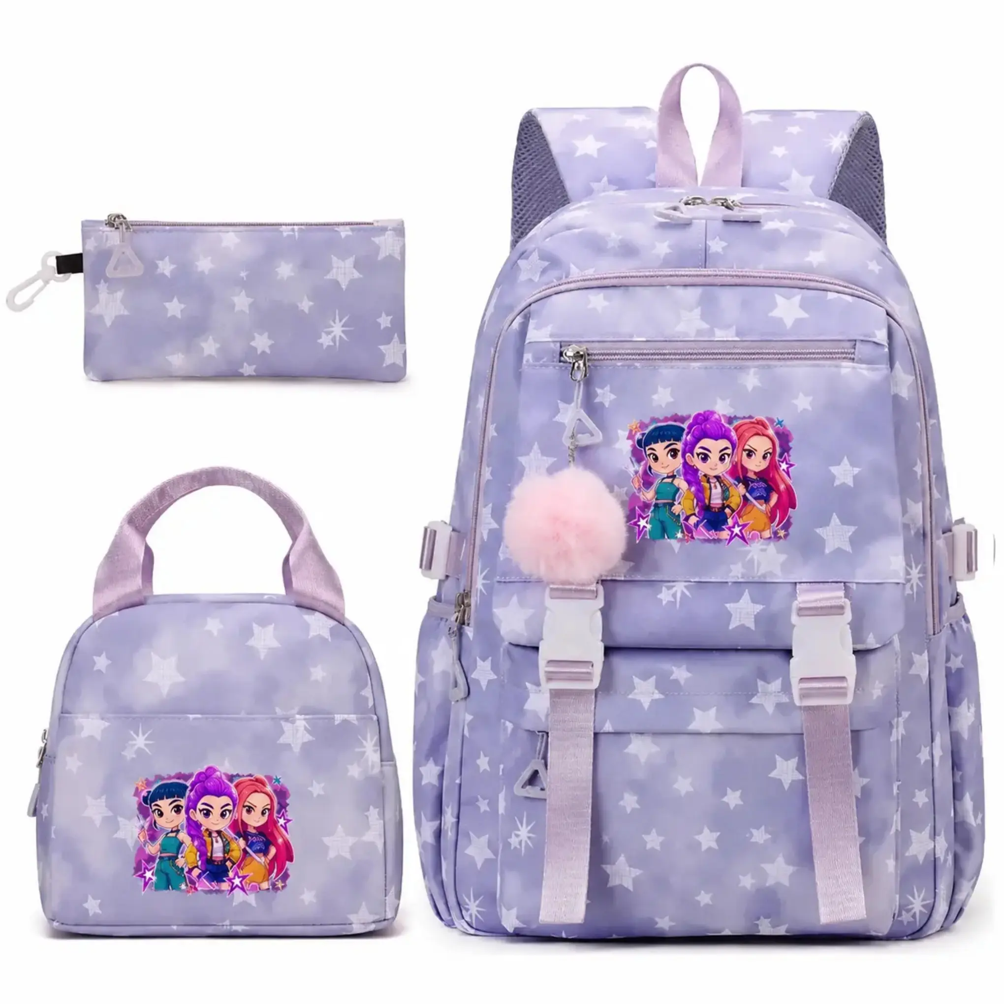 3-Piece Light Purple Cloud Star Backpack Set, Cute Cartoon Girls Padded School Bookbag with Insulated Lunch Bag, Zipper Pencil Case and Fluffy Pink Pom Pom for School & Daily Travel