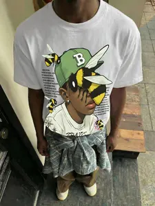 American Street Style Streetwear Bee Print T-Shirt for Men, Oversize Loose Fit Short Sleeve, High Street Fashion Casual Top, Long Length Tee
