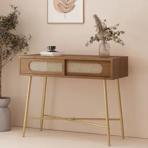 [SOIYELIFE] Vintage Gold Console Table with Rattan & Glass - Industrial Chic Entryway Sofa Table, Antique Gold Iron Frame & Walnut Finish for Hallway, Living Room or Bedroom Decor