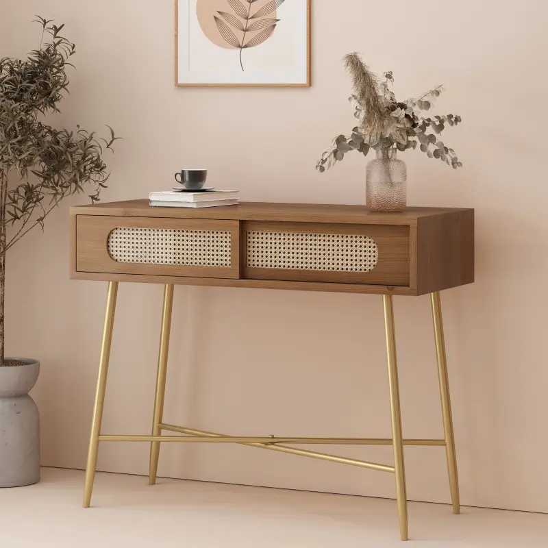 [SOIYELIFE] Vintage Gold Console Table with Rattan & Glass - Industrial Chic Entryway Sofa Table, Antique Gold Iron Frame & Walnut Finish for Hallway, Living Room or Bedroom Decor