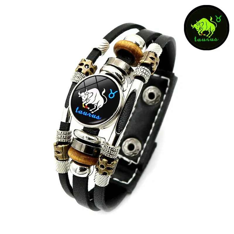 12 Zodiac Bracelet for Women,Glow in the Dark Leather Bracelet, Astrology Horoscope Jewelry Gift
